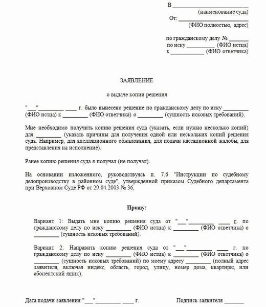 Заявление на выдачу решения апелляционного суда образец